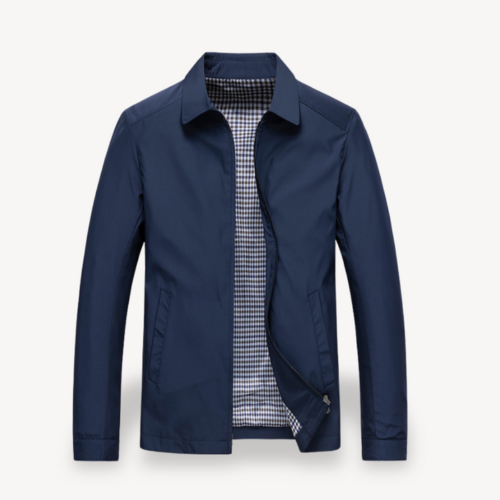 Men's lightweight cotton jacket with checkered lining, breathable fabric, functional pockets, ideal for smart-casual wear.