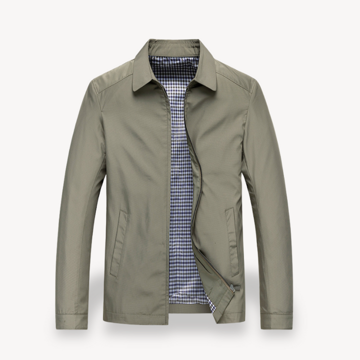 Men's lightweight cotton jacket with checkered lining, breathable fabric, functional pockets, ideal for smart-casual wear.
