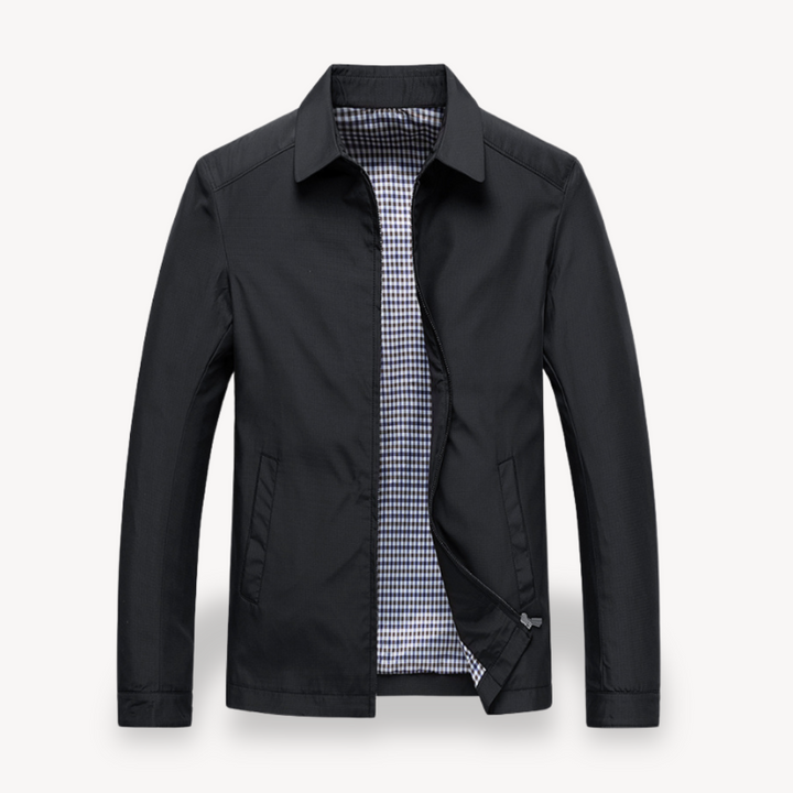 Men's lightweight cotton jacket with checkered lining, breathable fabric, functional pockets, ideal for smart-casual wear.