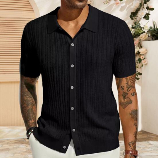 "Men's lightweight knit summer shirt with elegant pattern, perfect for cool evenings; versatile for casual or evening wear."