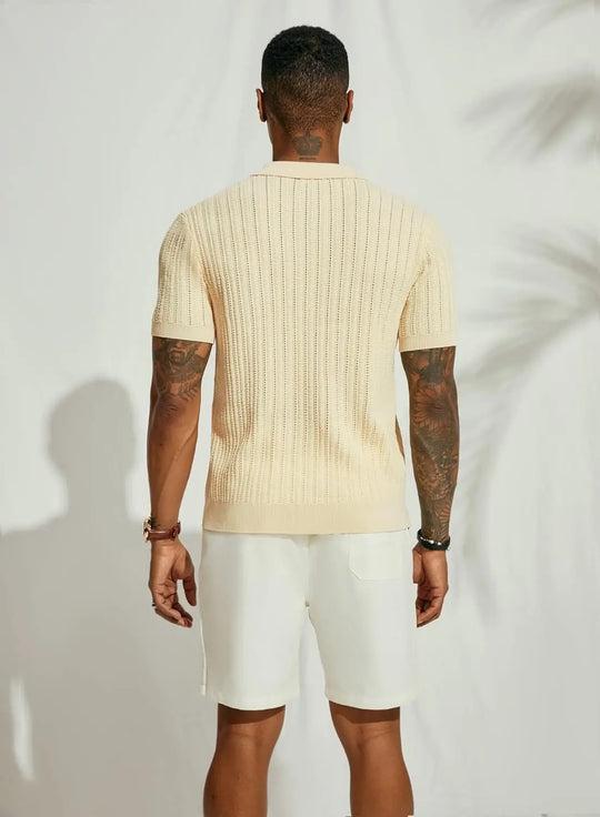 "Men's lightweight knit summer shirt with elegant pattern, perfect for cool evenings; versatile for casual or evening wear."