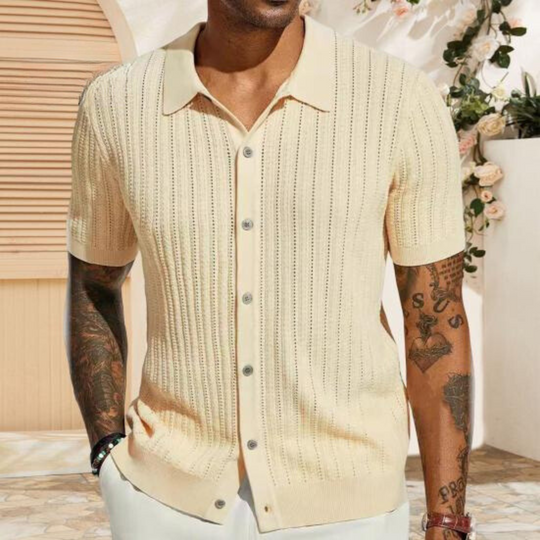 "Men's lightweight knit summer shirt with elegant pattern, perfect for cool evenings; versatile for casual or evening wear."