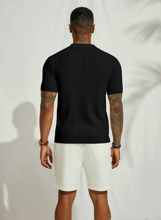 "Men's lightweight knit summer shirt with elegant pattern, perfect for cool evenings; versatile for casual or evening wear."