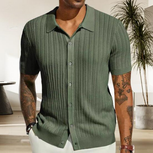"Men's lightweight knit summer shirt with elegant pattern, perfect for cool evenings; versatile for casual or evening wear."