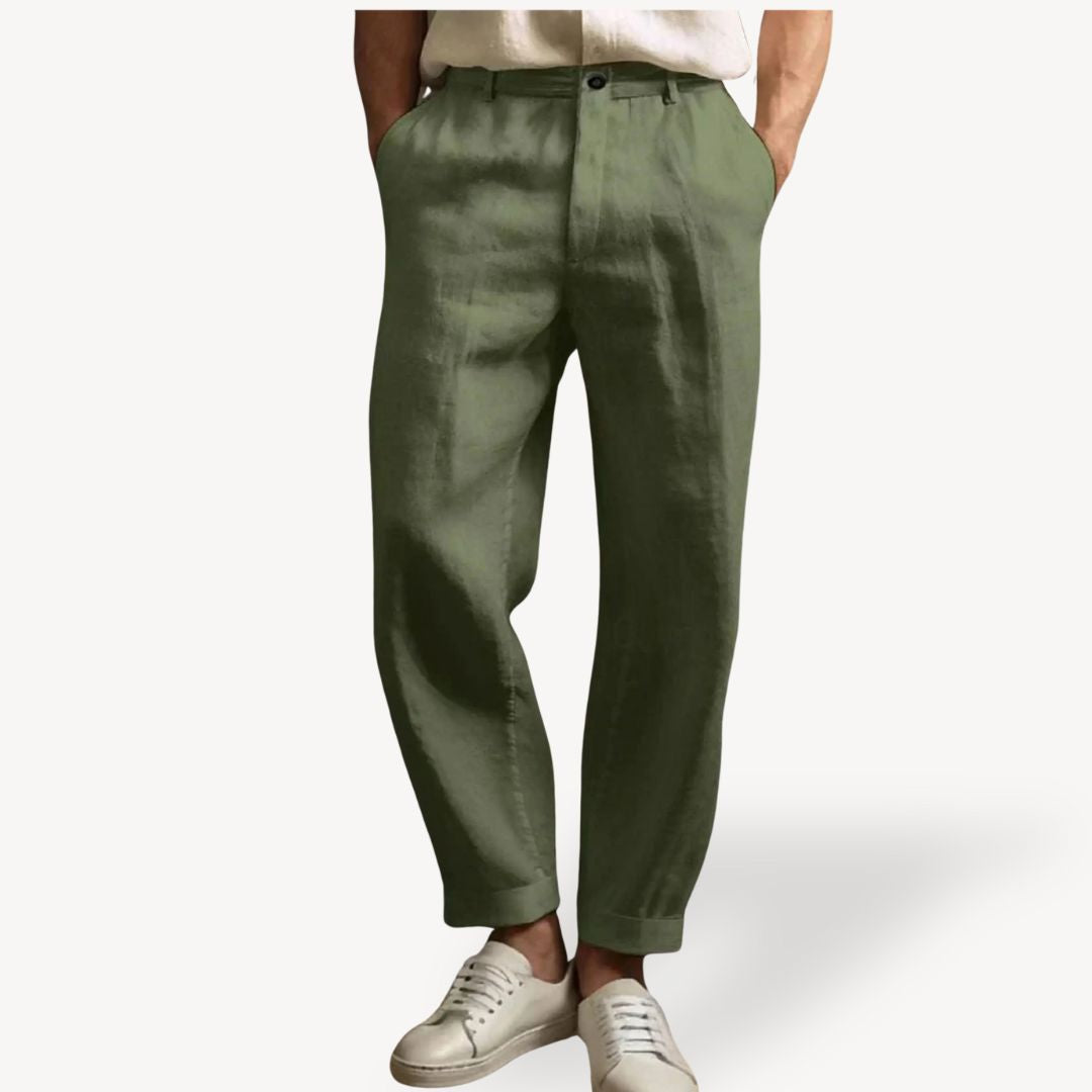 "Men's lightweight linen summer pants with side pockets, available in black, green, white, and khaki, shown in relaxed fit."