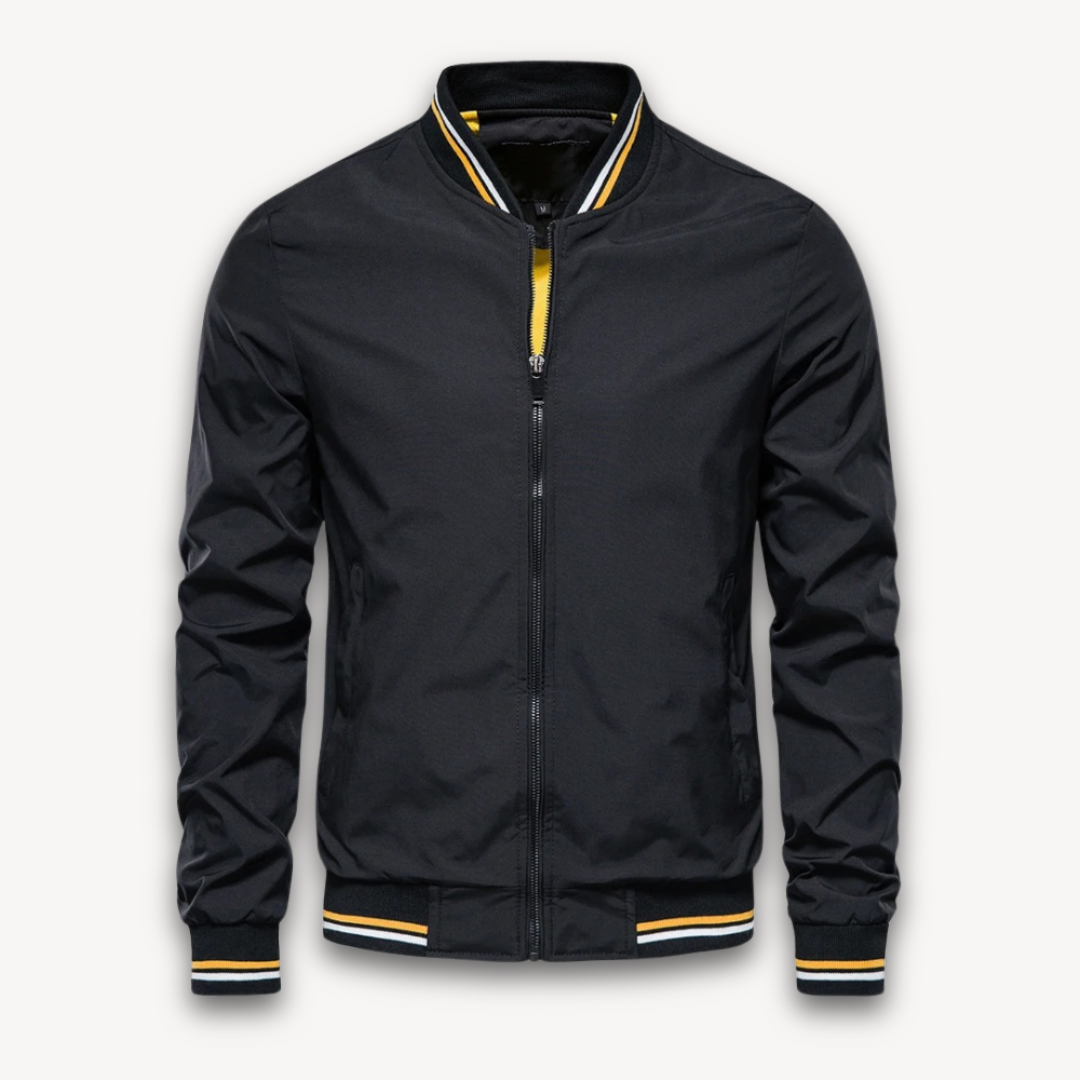 "Men's lightweight polyester bomber jacket, stylish windbreaker with zip front and ribbed cuffs, ideal for casual outings."
