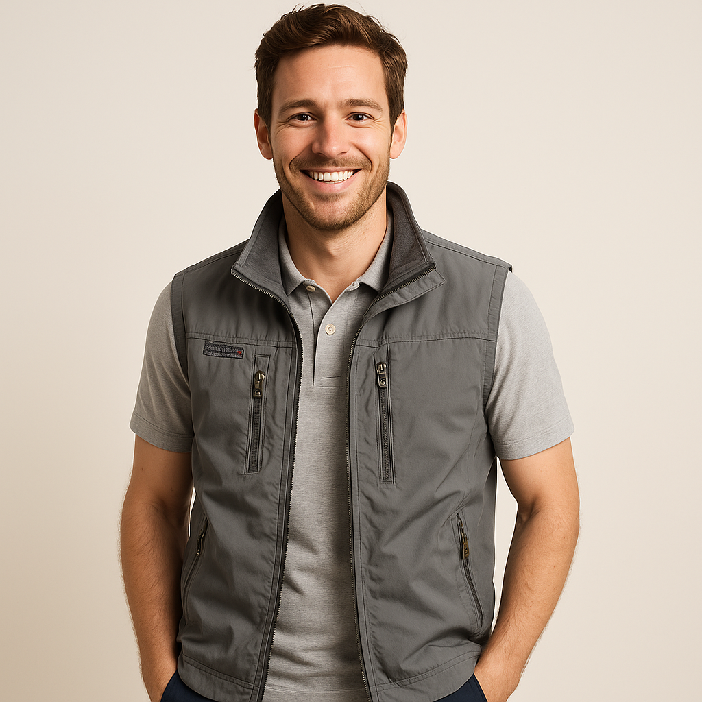 "Men's lightweight polyester summer vest jacket, sleeveless, with zippered pockets, ideal for warm weather activities."
