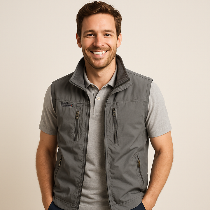 "Men's lightweight polyester summer vest jacket, sleeveless, with zippered pockets, ideal for warm weather activities."
