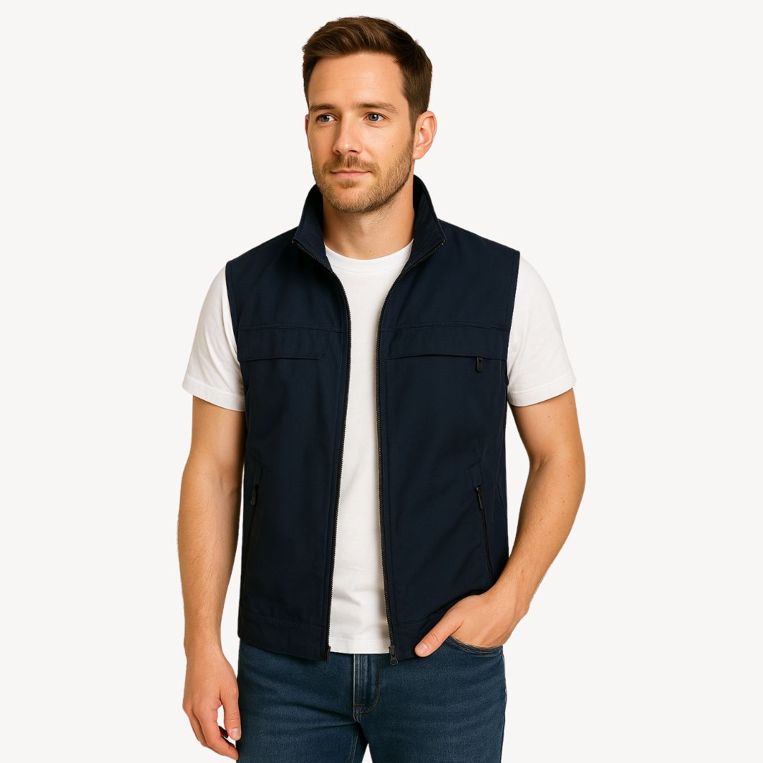 Men's lightweight quilted vest, stylish layering in navy blue, full zip, insulated yet non-bulky, perfect for cooler seasons.