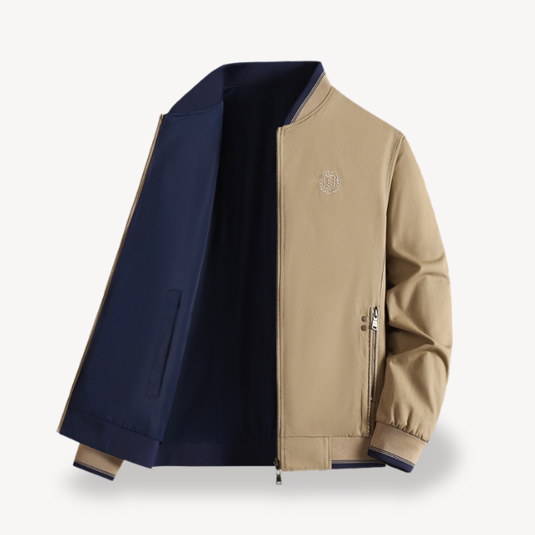 "Men's lightweight reversible bomber jacket, slim fit, available in multiple colors, showcasing ribbed cuffs and zip closure.