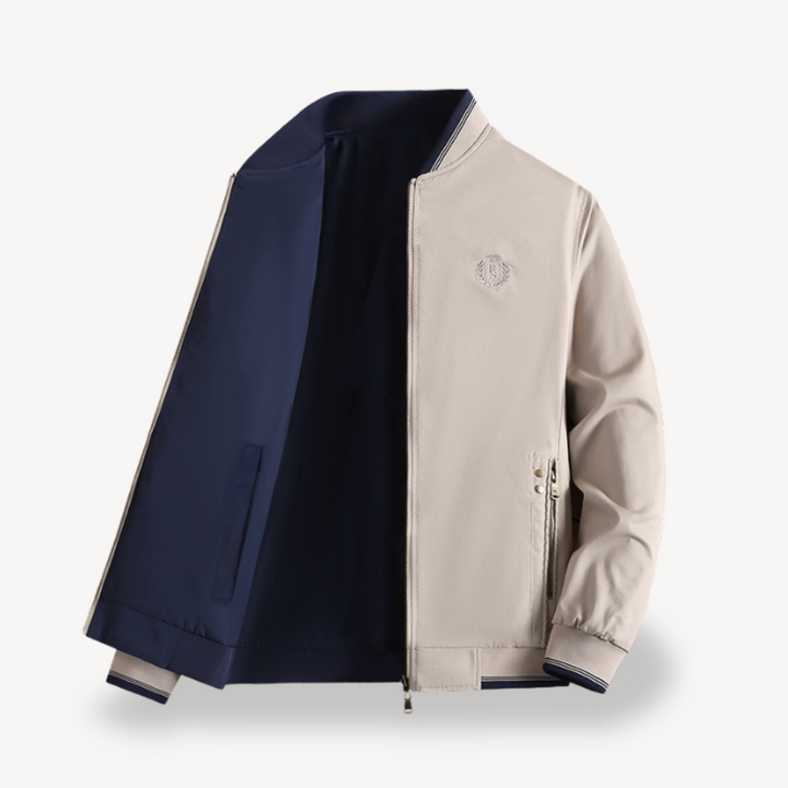 "Men's lightweight reversible bomber jacket, slim fit, available in multiple colors, showcasing ribbed cuffs and zip closure.