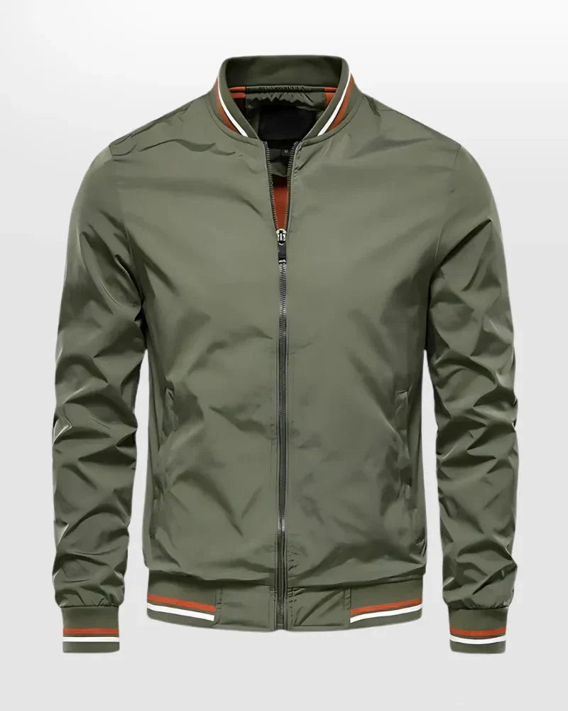 Men's lightweight summer bomber jacket with contrasting stripes, zipper closure, ideal for casual and evening wear.