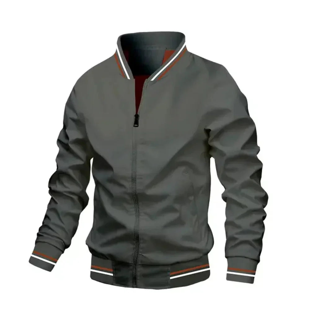 Men's lightweight summer bomber jacket with contrasting stripes, zipper closure, ideal for casual and evening wear.