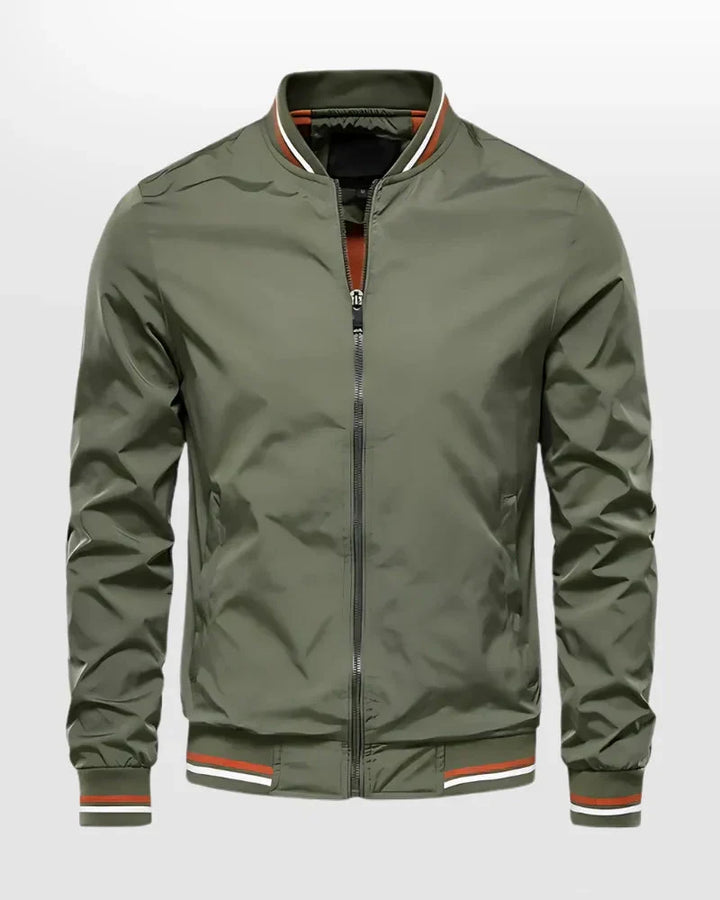Men's lightweight summer bomber jacket with contrasting stripes, zipper closure, ideal for casual and evening wear.