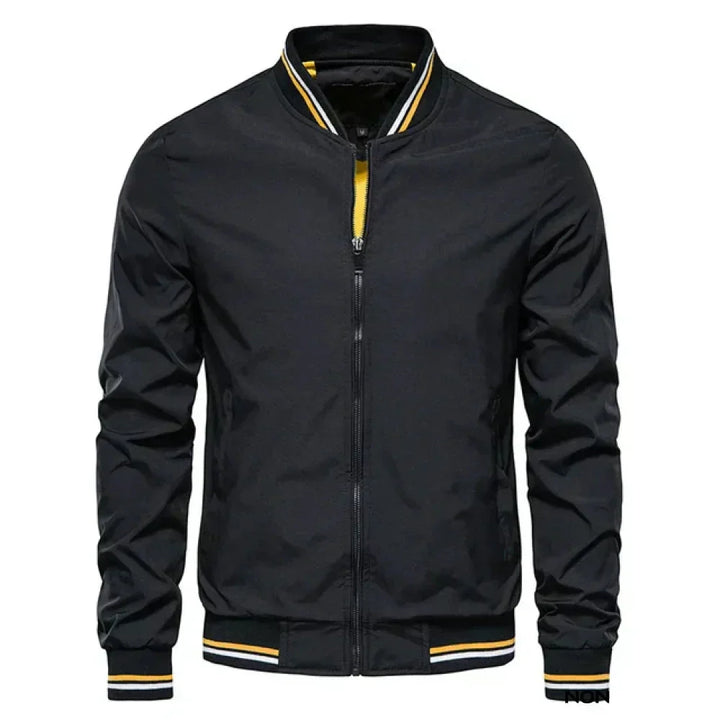 Men's lightweight summer bomber jacket with contrasting stripes, zipper closure, ideal for casual and evening wear.