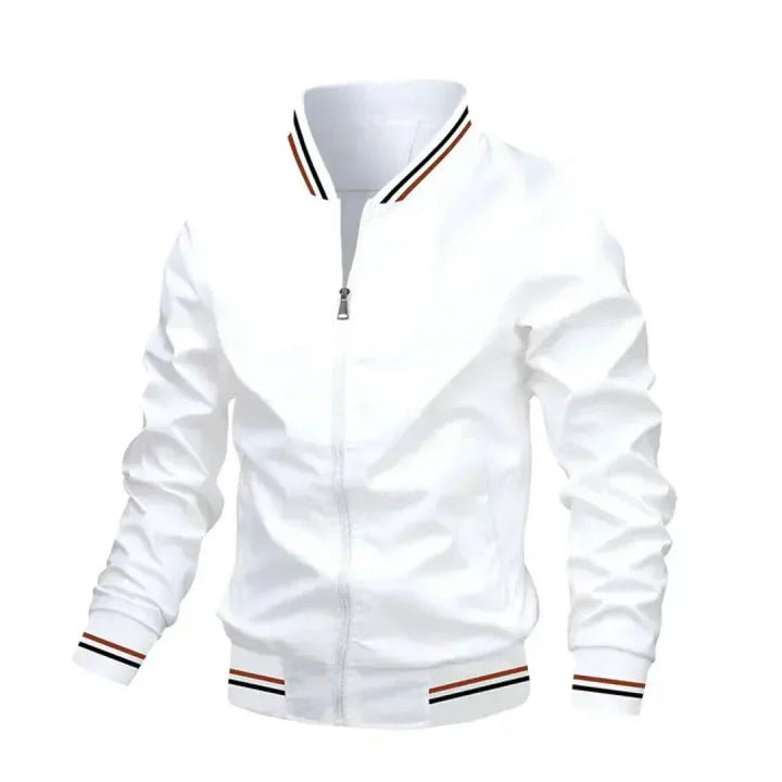 Men's lightweight summer bomber jacket with contrasting stripes, zipper closure, ideal for casual and evening wear.
