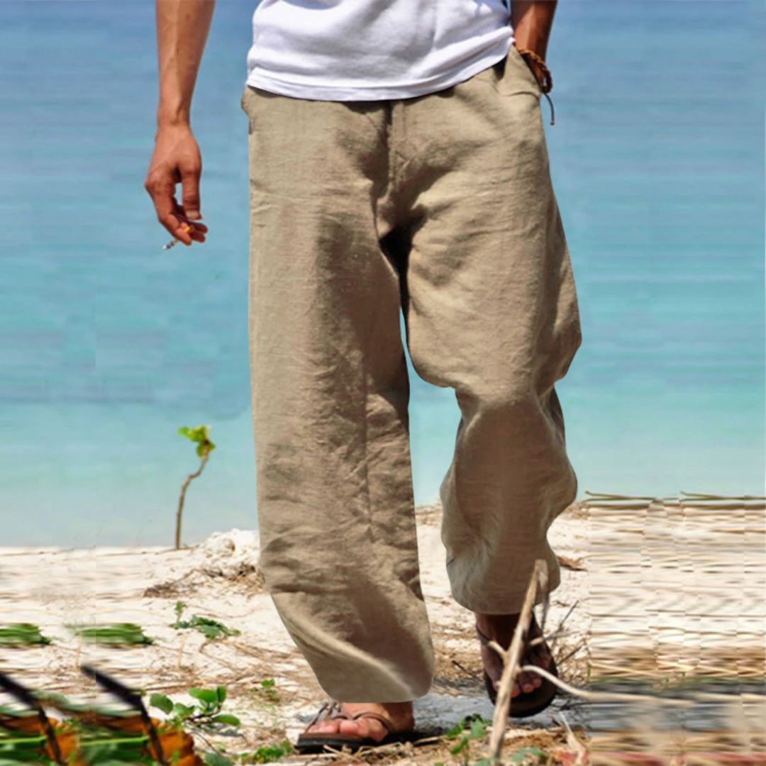 "Men's Linen Drawstring Beach Pants, relaxed fit, premium linen, beige color, perfect for summer, casual outings"