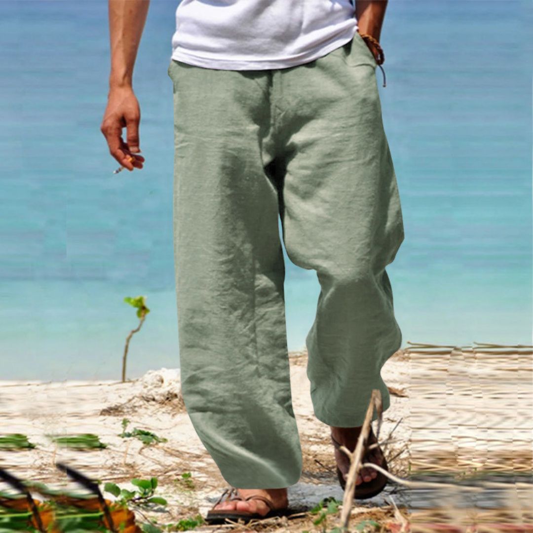 "Men's Linen Drawstring Beach Pants, relaxed fit, premium linen, beige color, perfect for summer, casual outings"