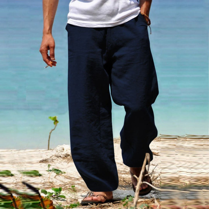 "Men's Linen Drawstring Beach Pants, relaxed fit, premium linen, beige color, perfect for summer, casual outings"