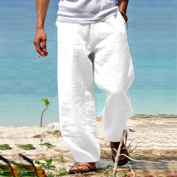 "Men's Linen Drawstring Beach Pants, relaxed fit, premium linen, beige color, perfect for summer, casual outings"