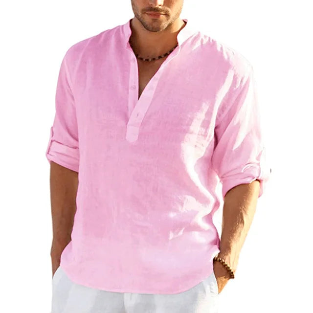 "Men's linen shirt, lightweight, long sleeve, casual, solid color, breathable fabric, elegant design for summer comfort."