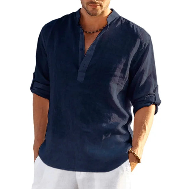 "Men's linen shirt, lightweight, long sleeve, casual, solid color, breathable fabric, elegant design for summer comfort."