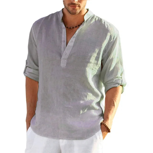 "Men's linen shirt, lightweight, long sleeve, casual, solid color, breathable fabric, elegant design for summer comfort."