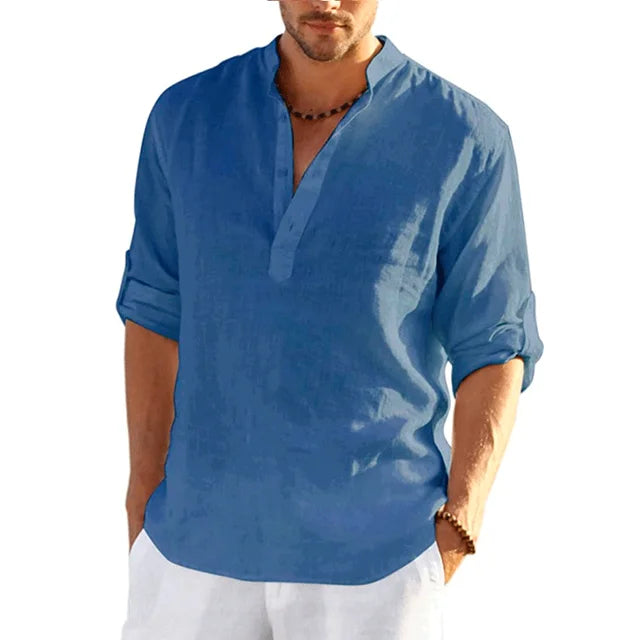 "Men's linen shirt, lightweight, long sleeve, casual, solid color, breathable fabric, elegant design for summer comfort."