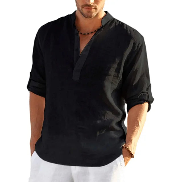 "Men's linen shirt, lightweight, long sleeve, casual, solid color, breathable fabric, elegant design for summer comfort."
