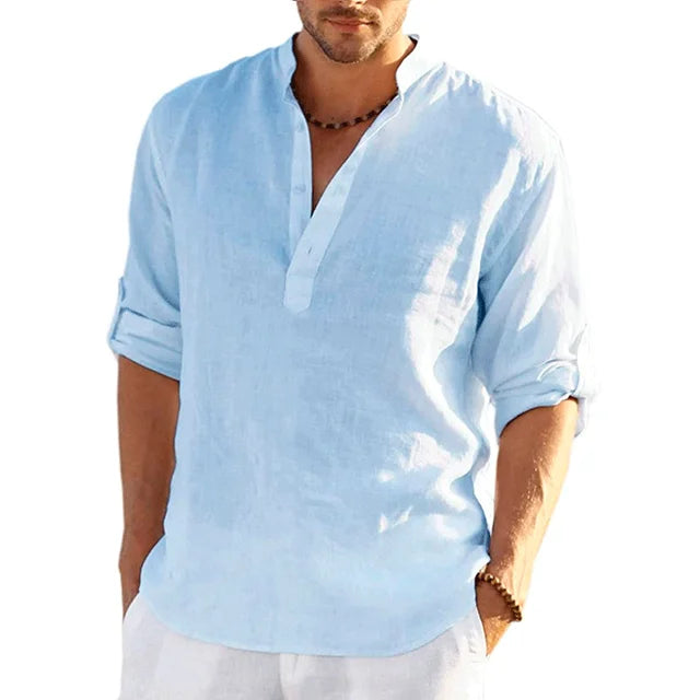 "Men's linen shirt, lightweight, long sleeve, casual, solid color, breathable fabric, elegant design for summer comfort."