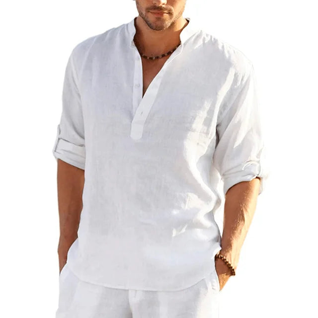 "Men's linen shirt, lightweight, long sleeve, casual, solid color, breathable fabric, elegant design for summer comfort."