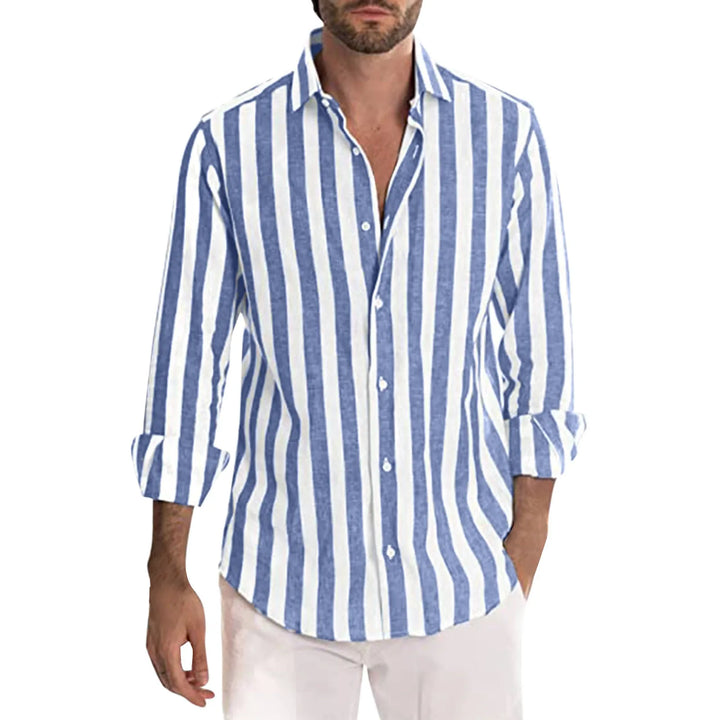 "Men's linen shirt, long sleeve, stripe pattern, lightweight and breathable, perfect for summer casual and smart looks."