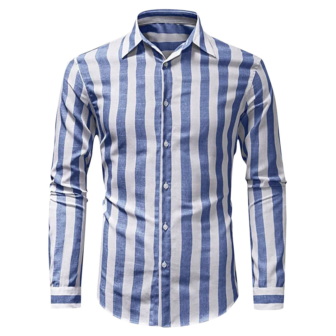"Men's linen shirt, long sleeve, stripe pattern, lightweight and breathable, perfect for summer casual and smart looks."