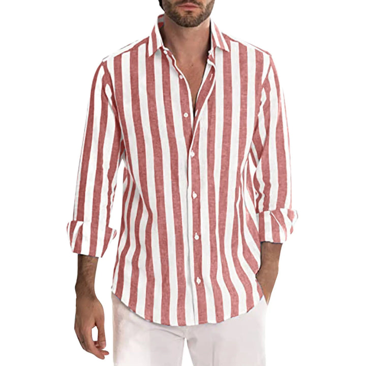 "Men's linen shirt, long sleeve, stripe pattern, lightweight and breathable, perfect for summer casual and smart looks."