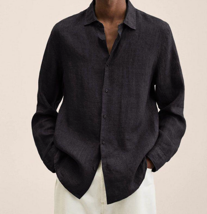 "Men's linen shirt with a breathable, comfortable fit, shown in a smart-casual style, ideal for versatile occasions."