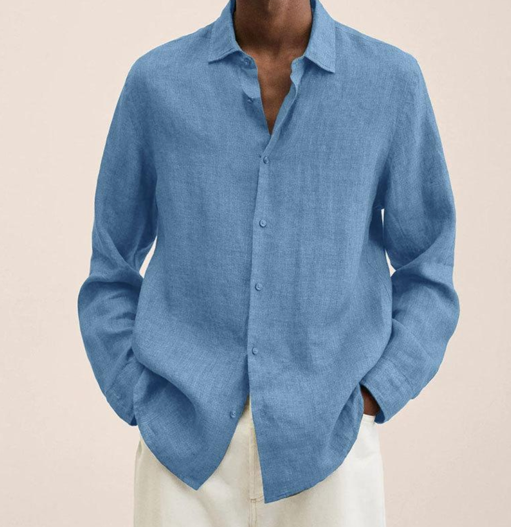"Men's linen shirt with a breathable, comfortable fit, shown in a smart-casual style, ideal for versatile occasions."