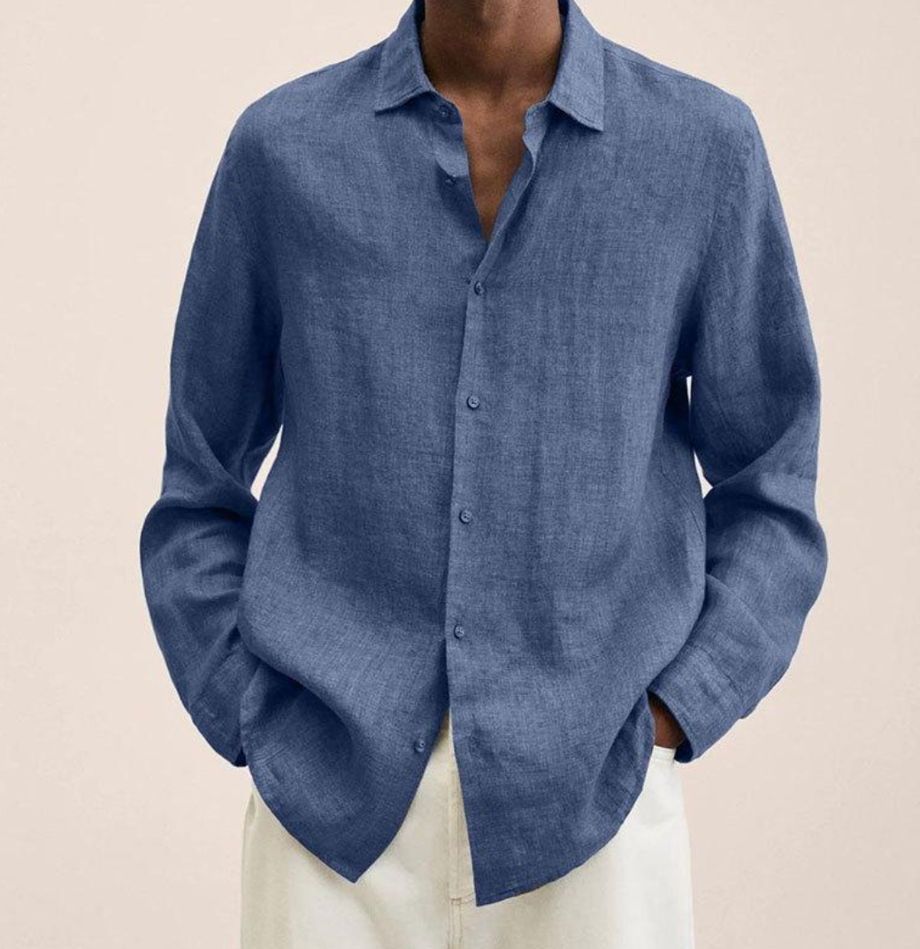 "Men's linen shirt with a breathable, comfortable fit, shown in a smart-casual style, ideal for versatile occasions."