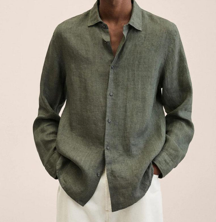 "Men's linen shirt with a breathable, comfortable fit, shown in a smart-casual style, ideal for versatile occasions."