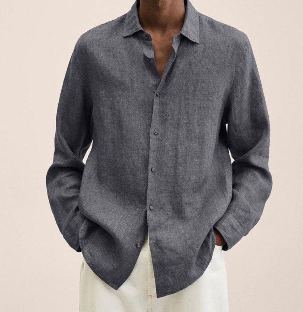 "Men's linen shirt with a breathable, comfortable fit, shown in a smart-casual style, ideal for versatile occasions."