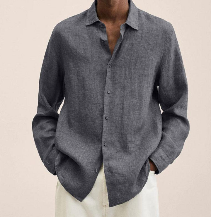 "Men's linen shirt with a breathable, comfortable fit, shown in a smart-casual style, ideal for versatile occasions."