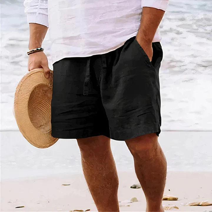 "Men's linen shorts in yellow, breathable summer style, elegant design, high-quality fabric, perfect for warm weather."