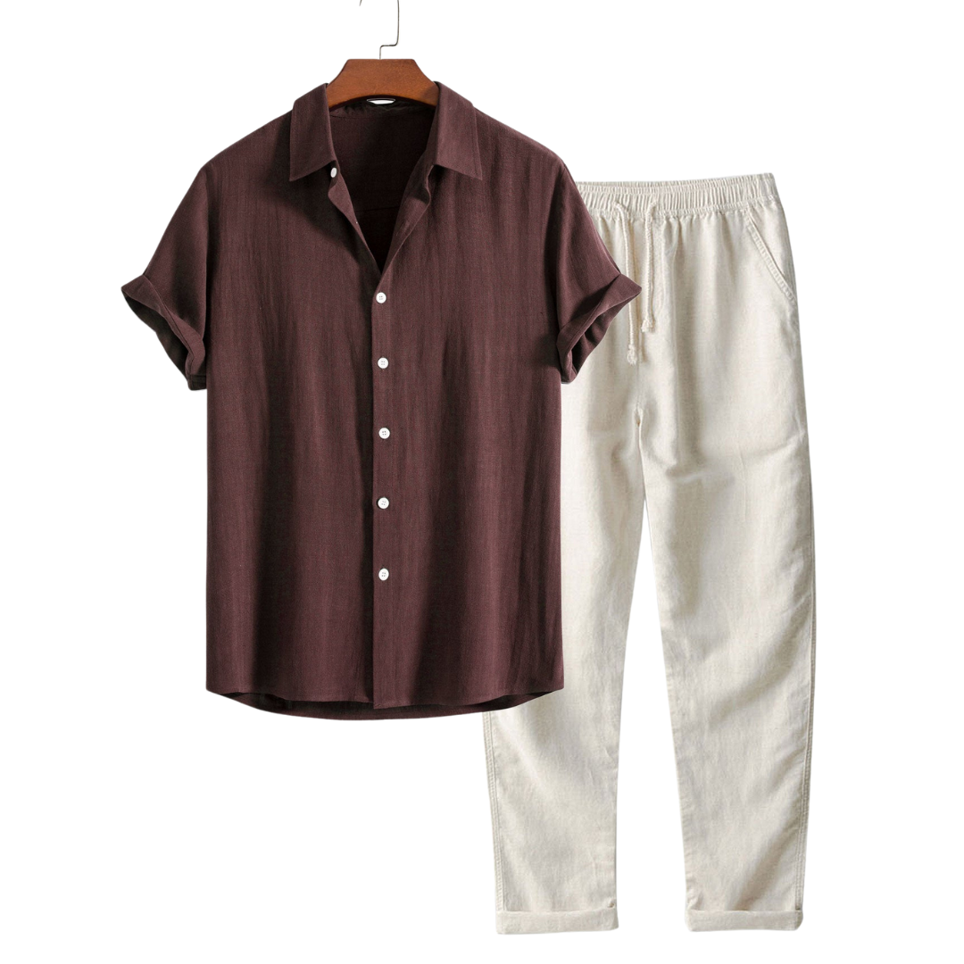 "Men's Linen Summer Set, short-sleeve shirt and pants, breathable, versatile, in Beige, Coffee, and Navy for casual elegance.