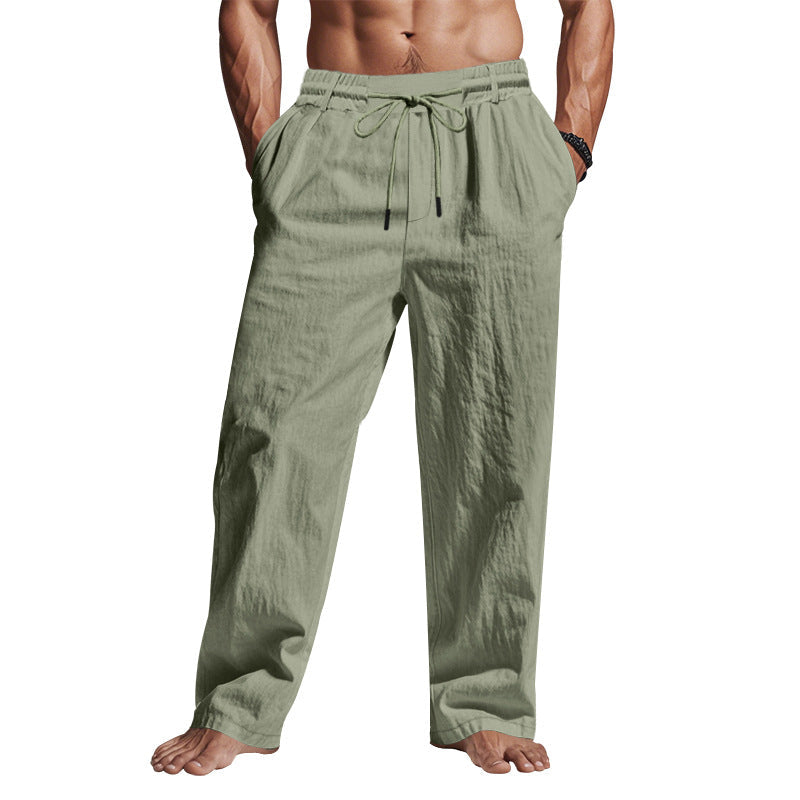 "Men's linen trousers with drawstring waist, relaxed fit, lightweight breathable fabric, ideal for casual and sunny days."