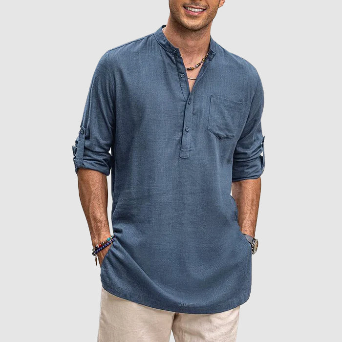 "Men's long sleeve Henley shirt with roll-up sleeves, chest pocket, and classic neckline, front view."