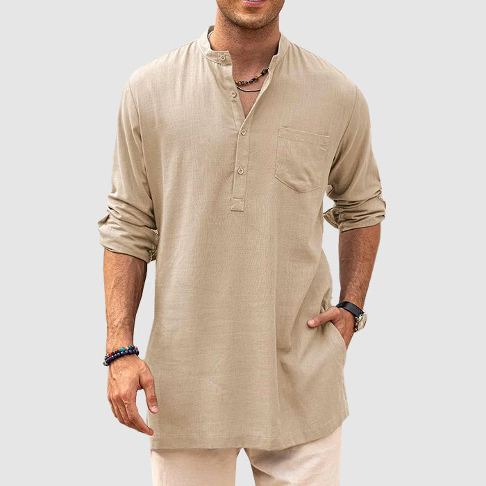 "Men's long sleeve Henley shirt with roll-up sleeves, chest pocket, and classic neckline, front view."