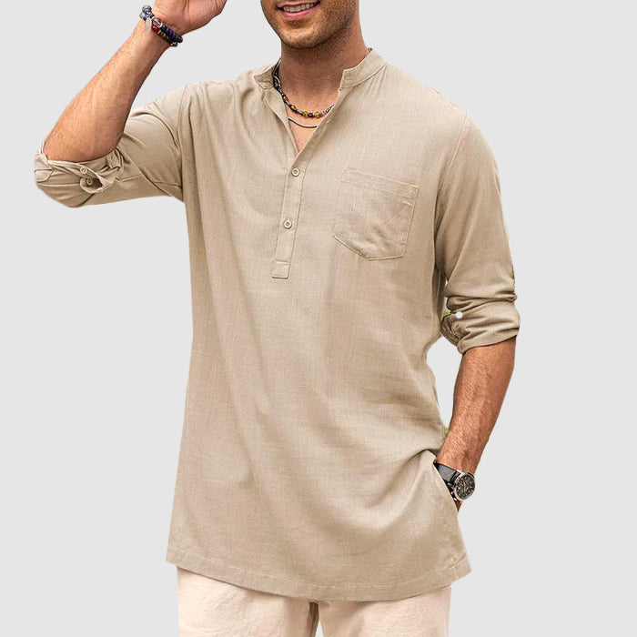 "Men's long sleeve Henley shirt with roll-up sleeves, chest pocket, and classic neckline, front view."