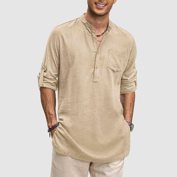 "Men's long sleeve Henley shirt with roll-up sleeves, chest pocket, and classic neckline, front view."