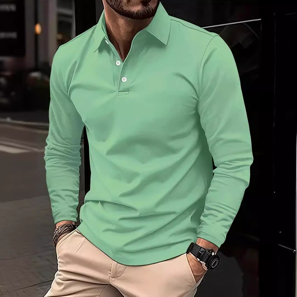 Men's long sleeve polo shirt, classic design, structured fit, versatile colors, perfect for smart-casual settings.