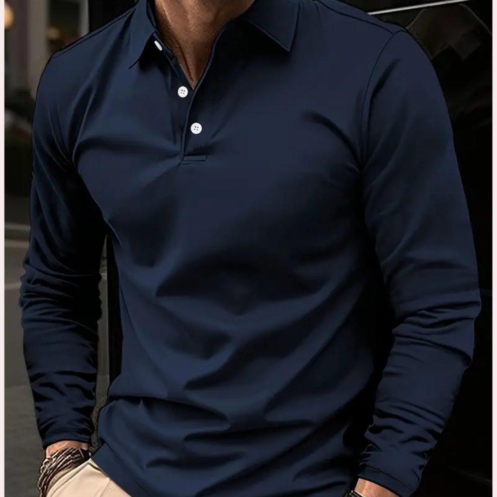 Men's long sleeve polo shirt, classic design, structured fit, versatile colors, perfect for smart-casual settings.