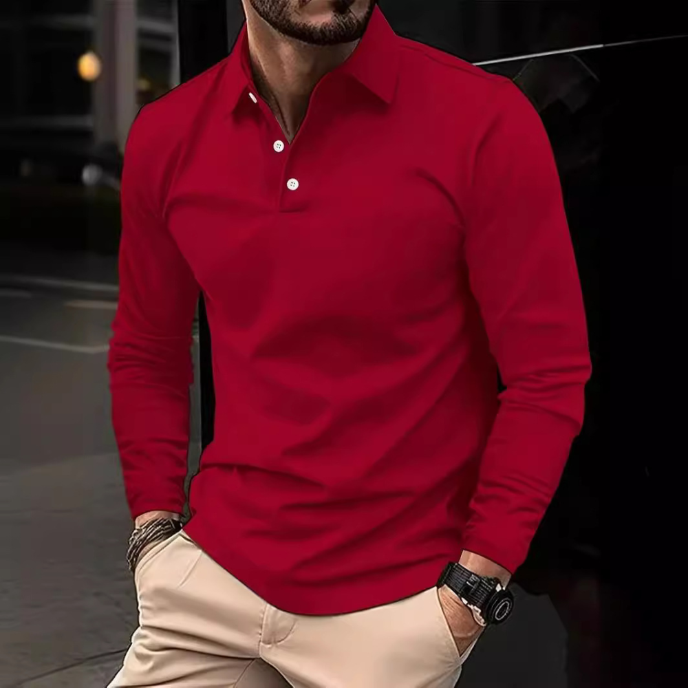 Men's long sleeve polo shirt, classic design, structured fit, versatile colors, perfect for smart-casual settings.
